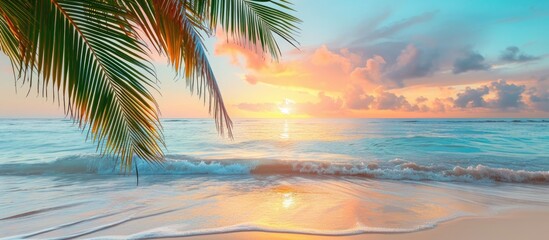 Picturesque tropical beach sunset with palm leaves, calm shoreline. Luxury destination banner for vacation