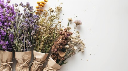 Bunches of flowers, herbs, and dried flowers in kraft packaging with space for inscriptions are...