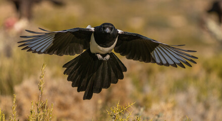 The eurasian magpie in flight, front view