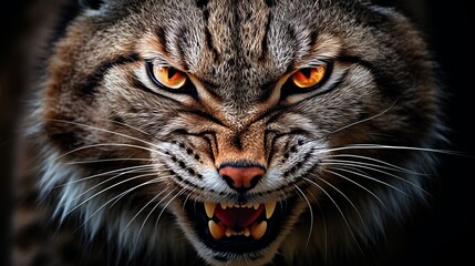 Fierce bobcat portrait isolated on black background for wildlife concept and animal aggression