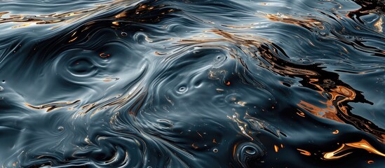 Oil spills on the water's surface form a glistening design.