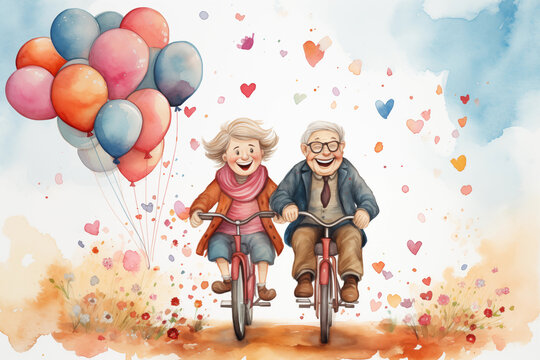 A loving and happy elderly couple rides bicycles with balloons. Watercolor drawing. Valentine's Day concept.