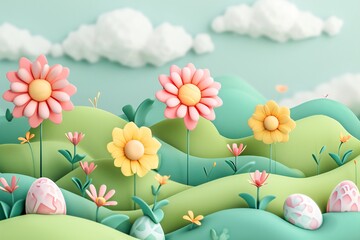 Stylized paper art landscape with Easter eggs and flowers. 3D digital art with layered hills concept for greeting card, spring holidays