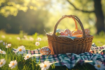 Wicker basket with decorated Easter eggs on a checkered cloth among daisies. Outdoor picnic scene. Springtime holidays concept for design for greeting card, invitation, banner