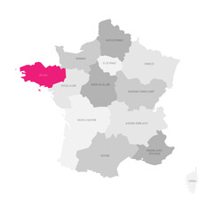 Brittany - map of administrative division, region, pink highlighted in map of France