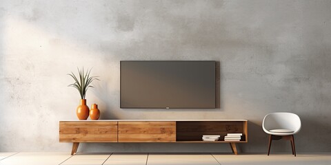 Rendered design of a wooden TV cabinet in a stylish loft interior, featuring a concrete wall in the living room.