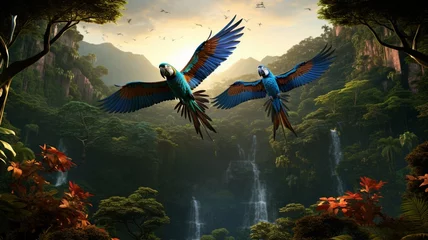 Fotobehang A pair of exotic birds engaged in a colorful aerial dance above the jungle canopy -Generative Ai © Online Jack Oliver