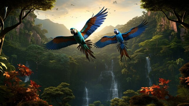 A pair of exotic birds engaged in a colorful aerial dance above the jungle canopy -Generative Ai