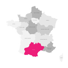 Obraz premium Occitania - map of administrative division, region, pink highlighted in map of France
