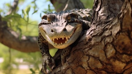 Obraz premium Crocodile animal standing in the tree AI Generated image