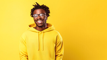 Fototapeta premium a young African man exudes a radiant smile against a vibrant yellow background.