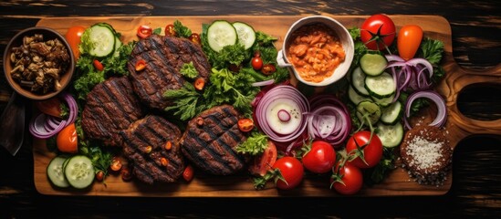 Top-down view of a wooden board with homemade beef burgers, bacon, onion, tomato, lettuce, and marinated cucumber.