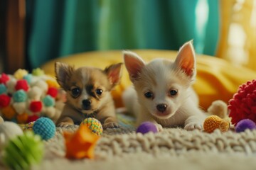 Adorable pets engaged in playful antics with a diverse array of entertaining toys, creating a whimsical scene.