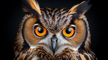 Fototapeta premium Majestic owl portrait with striking yellow eyes, isolated on black background