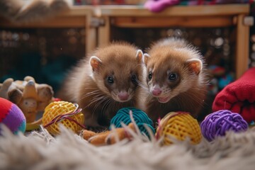 Fototapeta na wymiar Lively ferrets exploring a variety of toys, expressing their inquisitive and playful nature in entertaining scenes.