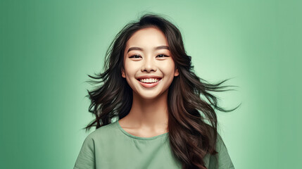 Fototapeta premium a girl of Asian appearance brightens a green background.