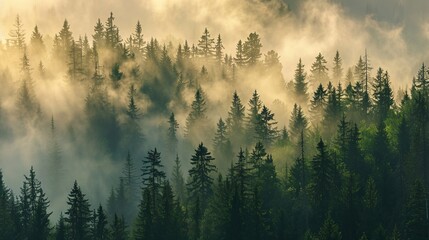 Dense Forest With Fog-Enveloped Trees