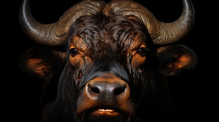 Majestic african buffalo portrait isolated on black background, showcasing its powerful presence.