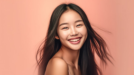 a girl of Asian appearance brightens a beige background