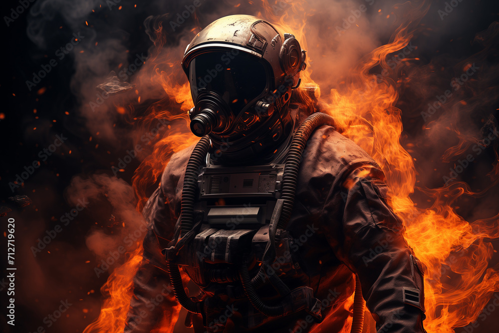 Wall mural an astronaut with a jetpack standing outside of an open flame.