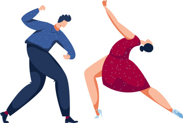 Man and woman in stylish clothing dancing energetically. Modern dancers performing moves. Party dance and joy celebration vector illustration. - obrazy, fototapety, plakaty