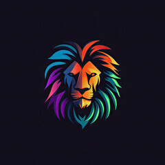 Minimalistic logo style colourful lion on clear black background