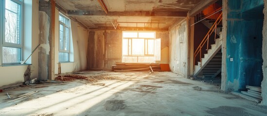 Empty interior space at construction site after demolition: home improvement and renovation business. - obrazy, fototapety, plakaty