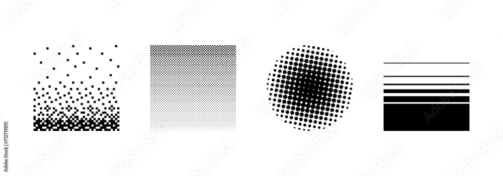 Poster pixel pattern, halftone dots pattern, line gradient abstract pattern, background black and white col