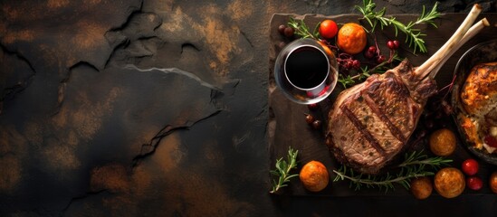 Spiced rack of lamb with red wine on stone table, viewed from above.