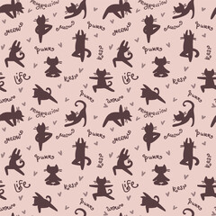 Yoga cats vector seamless pattern with text meow, purr, rest.