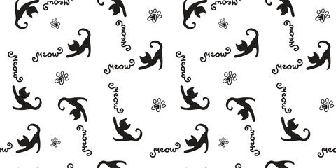 Abstract seamless childish pattern. Repeated backdrop on white background with text meow, cats and paw. Cute funny kitty style Cartoon wallpaper for girls and boys, textile, wrapping paper.