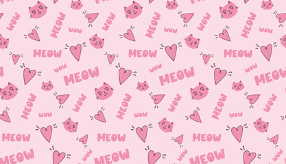 Hand Drawn Cute Cat and heart on pink background. Vector Illustration pattern seamless, Kids print design cat, children trend print textile
