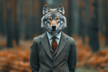 wolf head on a person body dressed in a suit and tie set against a blurred forest background - obrazy, fototapety, plakaty