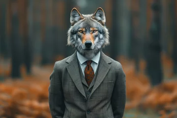 Poster wolf head on a person body dressed in a suit and tie set against a blurred forest background © vvalentine