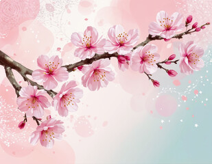A pink flowered branch against a pink and light blue background. Spring background, wallpaper, banner, poster.