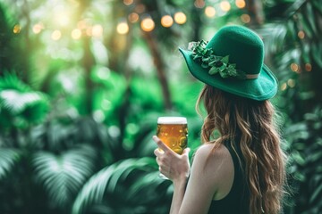 Woman in green hat holding beer, tropical foliage background. St Patrick's Day celebration. Beautiful girl enjoying Irish holiday. Copy space. Ireland, culture, tradition