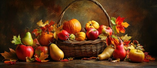 A table holds a basket overflowing with various autumn fruits, including apples, pears, and pumpkins.