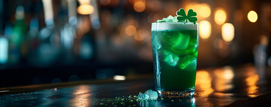 Green cocktail with clover leaf on the bar counter. Festive drink concept with bokeh lights. Ireland, Irish holiday. Banner, poster with copy space. St Patrick's Day