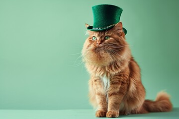 Ginger cat wearing green hat with shamrocks on green background. St Patrick's Day celebration....