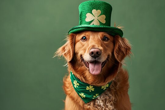 Dog wearing green hat and scarf on simple background. St. Patrick's Day. Golden retriever with shamrock. Ireland and Irish holidays. Cute funny pet concept. Banner, poster with copy space