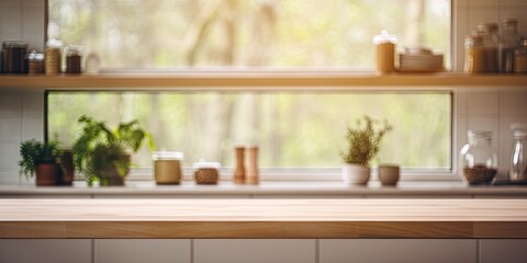 Blurred kitchen window and shelves with wooden tabletop.