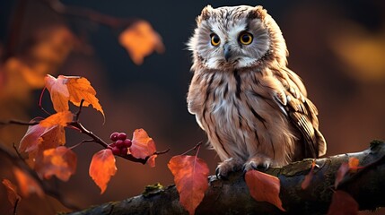 Majestic owl perched on tall tree branch in the wilderness, stunning wildlife photography