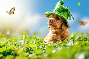 Cute puppy dog wearing hat sitting in the green field. St Patrick's Day celebration. Luck and fortune concept. Greeting card, banner with copy space. Ireland, Irish culture