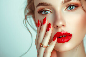 Beautiful laughing brunette model girl. Red lips and nails manicure . Fashion , beauty and make up portrait Beautiful girl showing red manicure nails . makeup and cosmetics. Studio shot of young beaut - obrazy, fototapety, plakaty
