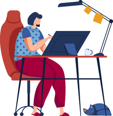 Female artist drawing on graphics tablet at home desk with cat sleeping. Digital illustrator creating artwork in a cozy studio vector illustration.