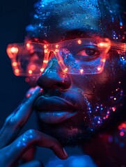 A person with cybernetic enhancements wearing futuristic high tech glasses with dramatic blue and red lighting. 