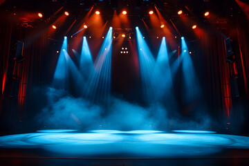 Theaterzauber: Beeindruckende Bühne mit Spotlights, Rauch und rotem Vorhang für ein unvergessliches kulturelles Erlebnis und dramatische Show-Effekte