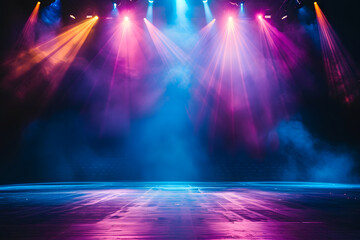 Theaterzauber: Beeindruckende Bühne mit Spotlights, Rauch und rotem Vorhang für ein unvergessliches kulturelles Erlebnis und dramatische Show-Effekte - obrazy, fototapety, plakaty