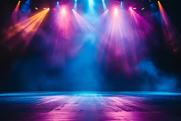 Fotobehang Theaterzauber: Beeindruckende Bühne mit Spotlights, Rauch und rotem Vorhang für ein unvergessliches kulturelles Erlebnis und dramatische Show-Effekte © Lake Stylez