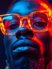 A person with cybernetic enhancements wearing futuristic high tech glasses with dramatic blue and red lighting. 